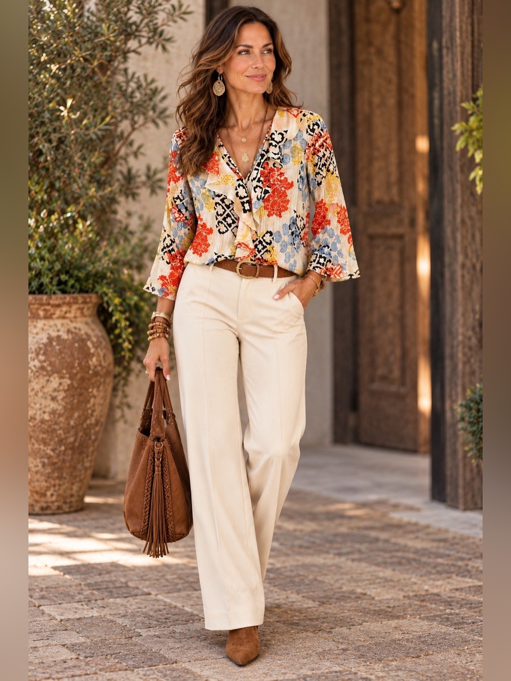 Floral Ruffle V-Neck Blouse in Cream and Multi - Picture 3 of 7